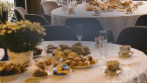 An elegant catering display featuring beautifully arranged petit fours,
